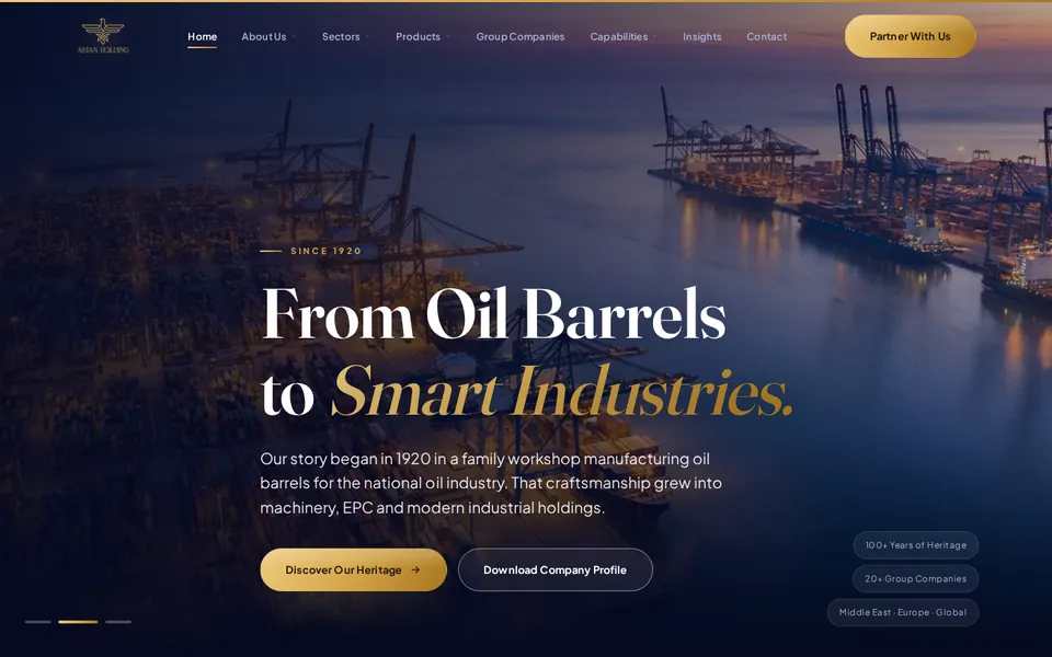 Arian Holding website homepage designed by Fonix Marketing